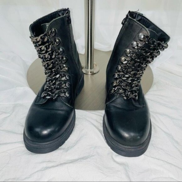 OVYÉ Genuine Leather Chain Lace Up Combat Boots in Black - Picture 1 of 8